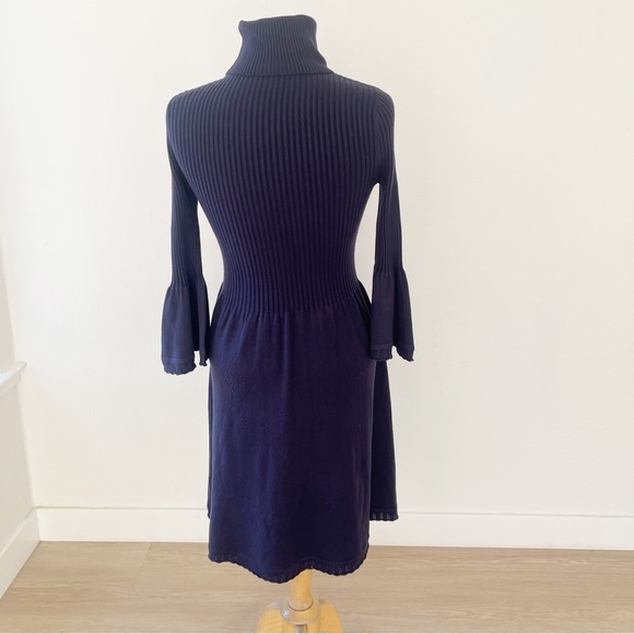 Eliza J Knit Ribbed Turtleneck Ruffle Bell Sleeve Sweater Dress Navy | Small - Picture 6 of 10